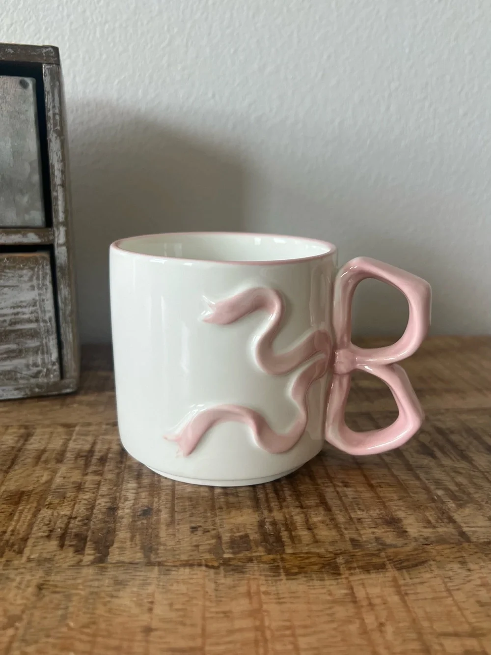New White Ceramic Mug with Pink Bow Handle